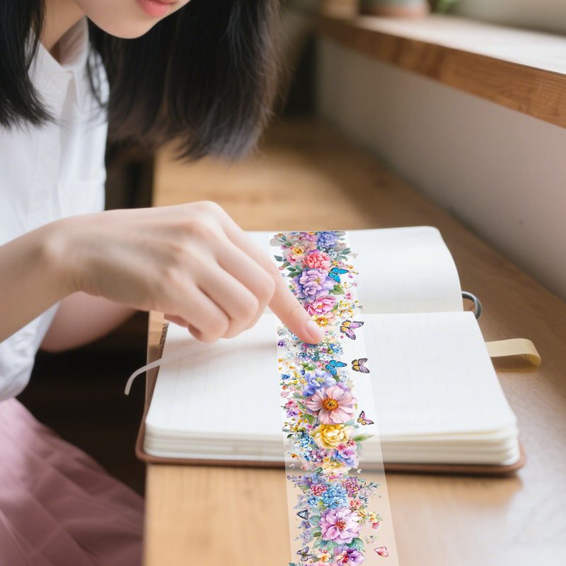 Colorful flowers PET Tape featuring flower, and color designs for journaling, scrapbooking and collage