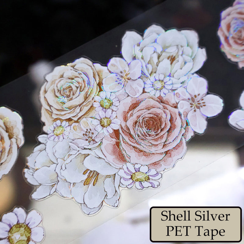 Whole Roll 5.5cm*5m Soft flower court Die Cutting Washi/PET/Shell Silver PET Tape