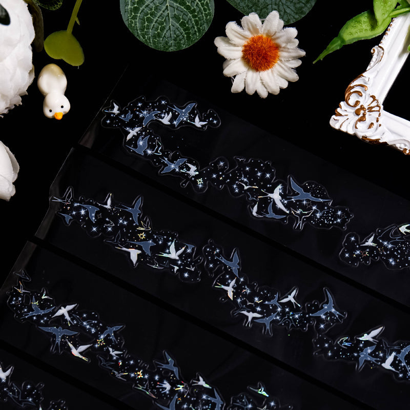 4cm*100cm Returning Birds Die Cutting Shell Silver PET Tape featuring silver, and bird designs for journaling, scrapbooking and collage