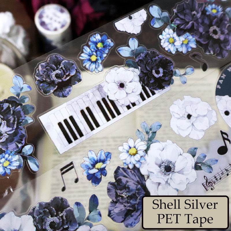 Whole Roll 5.5cm*5m White charm Black flowers Die Cutting Washi/PET/Shell Silver PET Tape