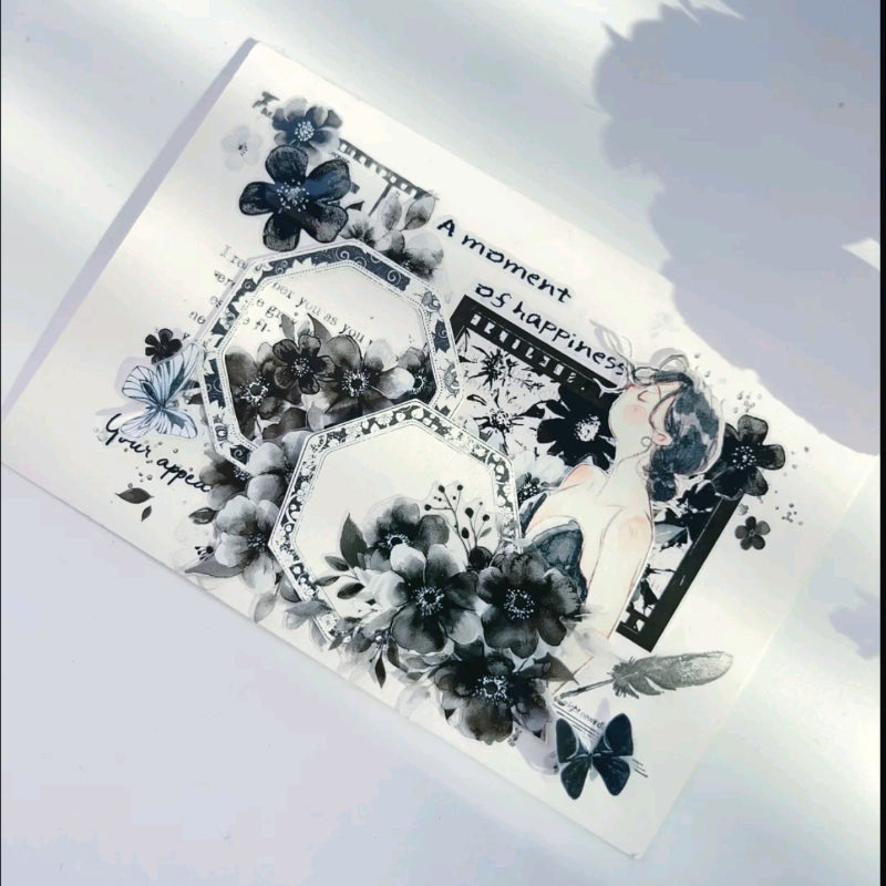 5.5cm*60cm Ink Shadow Flower Die Cutting PET Tape featuring flower, and shadow designs for journaling, scrapbooking and collage