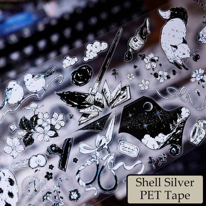 Whole Roll 6.5cm*5m Black and white paintings world Die Cutting Washi/PET/Shell Silver PET Tape