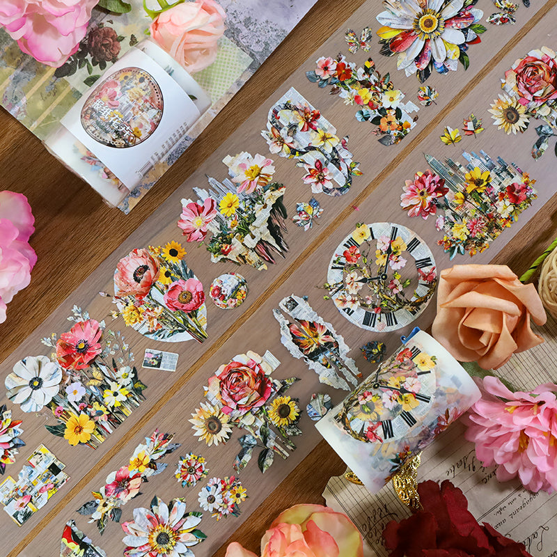 Newspaper flowers Fog PET Tape featuring flower designs for journaling, scrapbooking and collage
