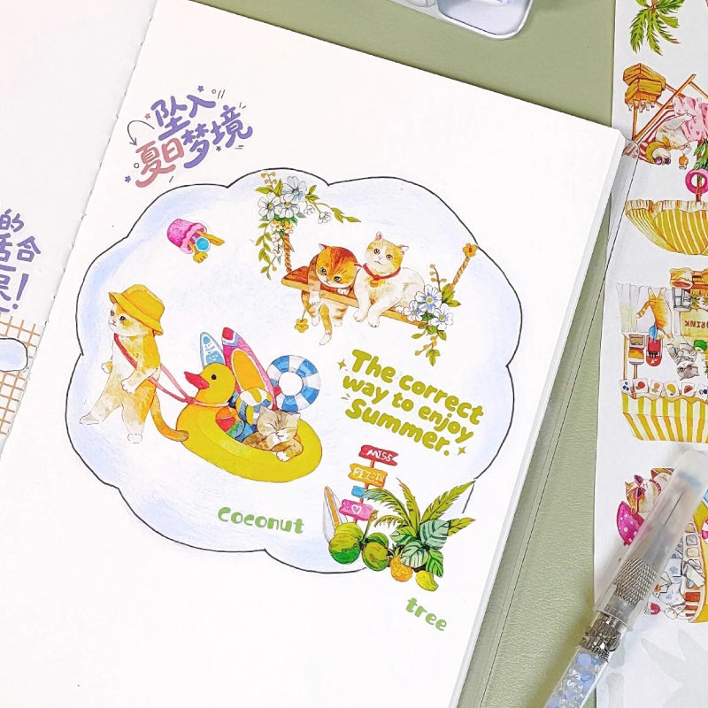 Whole Roll 4.5cm*5m Lazy Cat on Vacation Die Cutting Washi/PET Tape featuring cat designs for journaling, scrapbooking and collage
