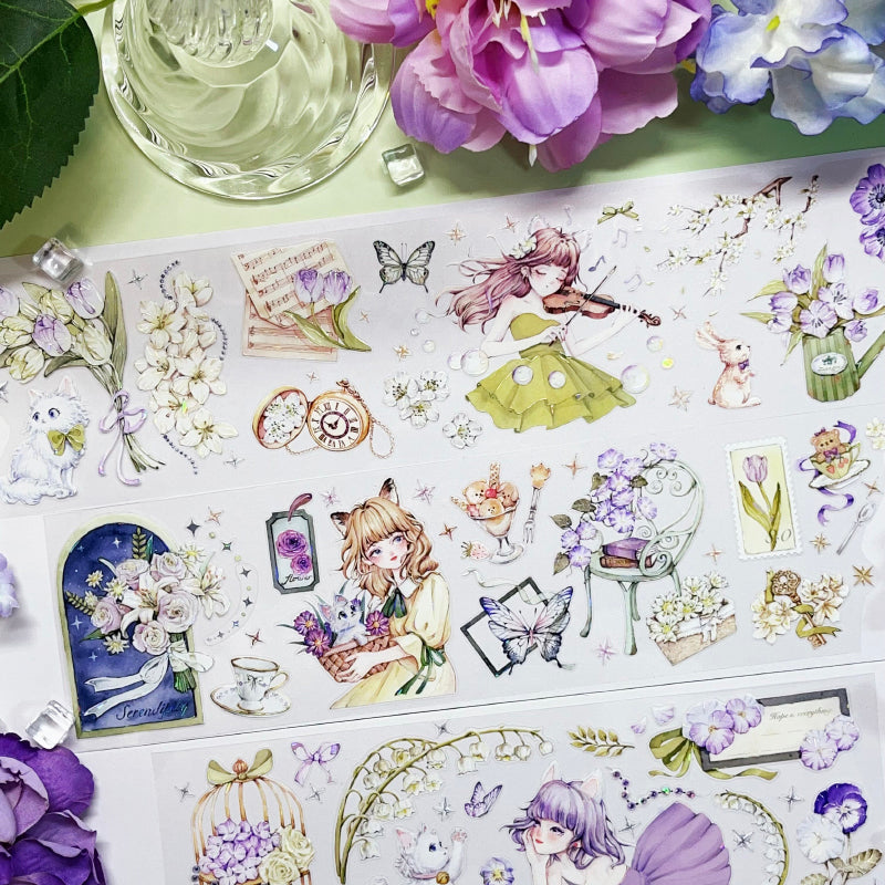 Whole Roll 7cm*5m Meow Girl Shell Light PET Tape featuring girl, and light designs for journaling, scrapbooking and collage