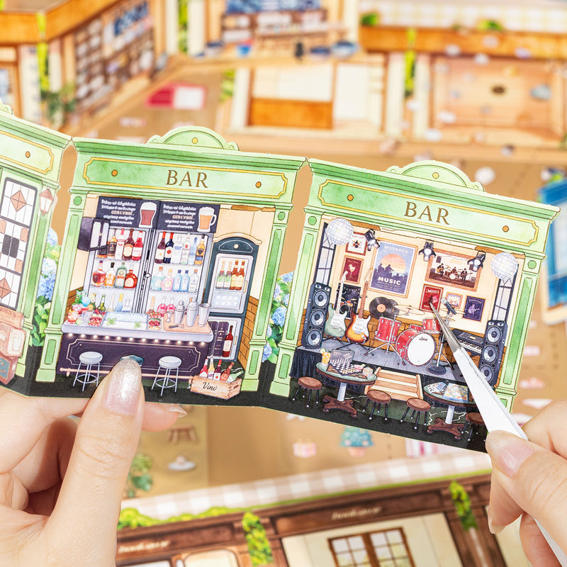 Miniature Street Scene Series 3D Sticker Book featuring book, street, and tree designs for journaling, scrapbooking and collage