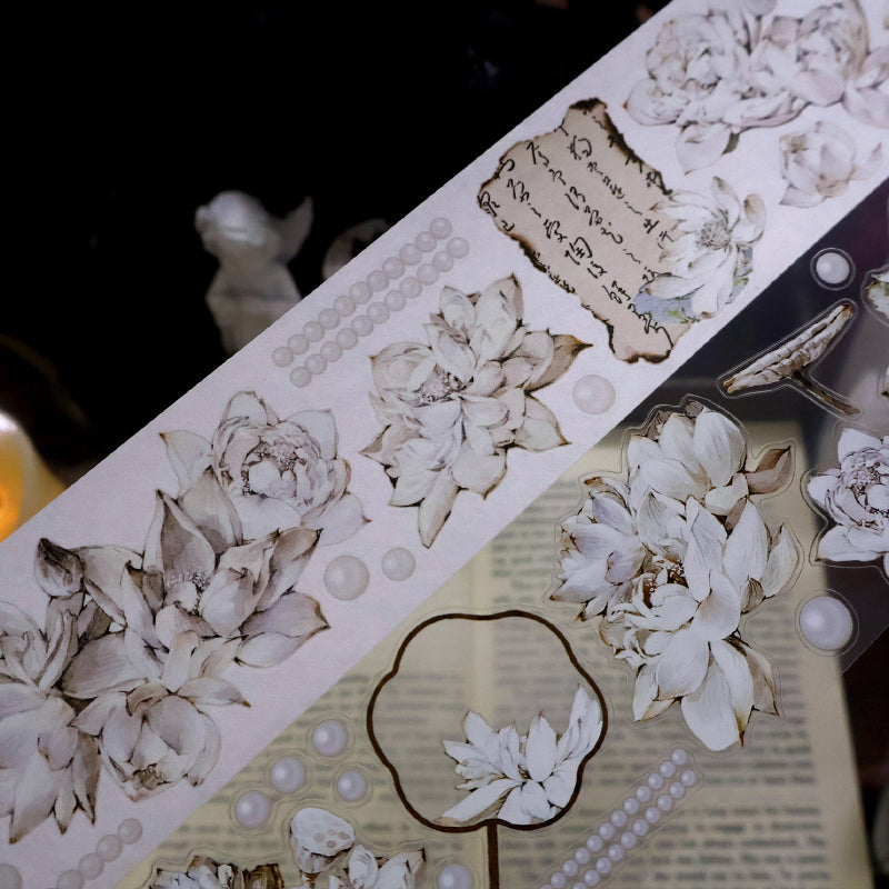5.5cm*100cm White lotus flower Die Cutting Washi/PET/Shell Silver PET Tape featuring white, silver, and flower designs for journaling, scrapbooking and collage