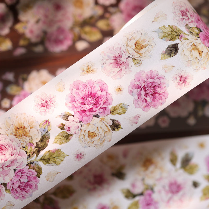 Whole Roll 5.5cm*5m Peach Fog White Flower Die Cutting Washi/PET/Shell Light PET Tape featuring white, flower, and peach designs for journaling, scrapbooking and collage