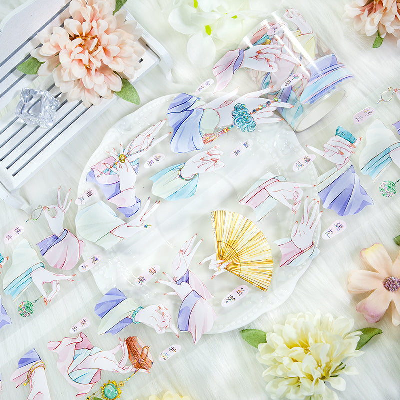 Slender delicate hands Shell Silver PET Tape featuring silver, and cat designs for journaling, scrapbooking and collage