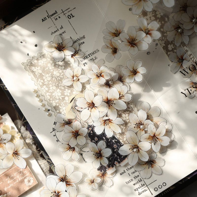 5cm*100cm Little White Flower Die Cutting Washi/PET Tape featuring white, and flower designs for journaling, scrapbooking and collage