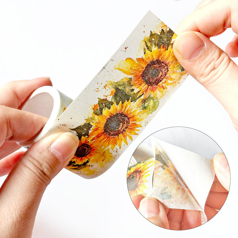 Sunflower Washi Tape featuring flower, and sun designs for journaling, scrapbooking and collage