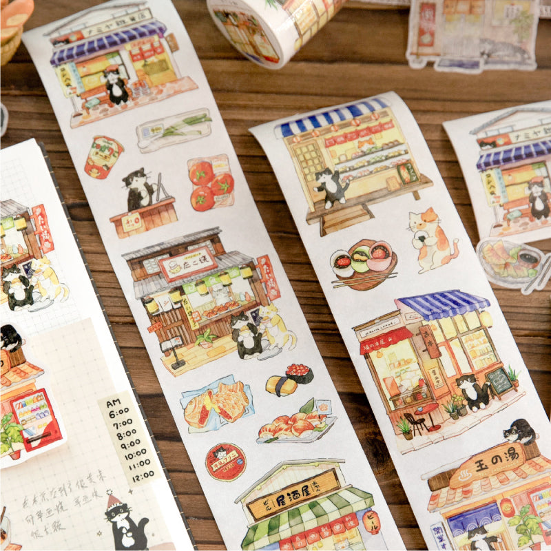 Cat Shop Series Die Cutting Washi Tape featuring cat, and shop designs for journaling, scrapbooking and collage