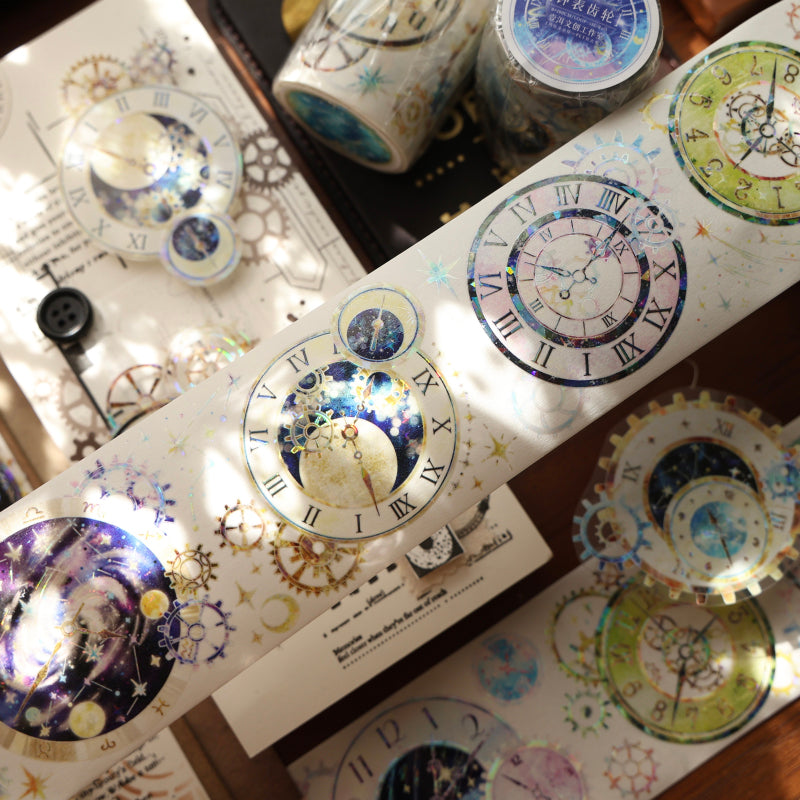6cm*100cm Clock gears Shell Light Washi/PET Tape featuring light designs for journaling, scrapbooking and collage