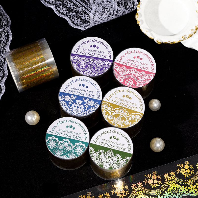 Shimmering Lace Series Gold Stamping PET Tape featuring old, lace, and gold designs for journaling, scrapbooking and collage