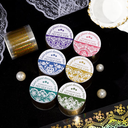Shimmering Lace Series Gold Stamping PET Tape featuring old, lace, and gold designs for journaling, scrapbooking and collage