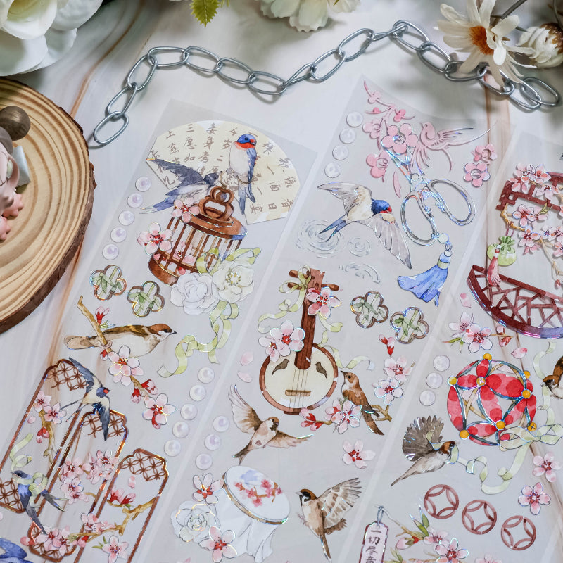 6cm*100cm Swallows on the branches Shell Silver PET Tape featuring silver designs for journaling, scrapbooking and collage