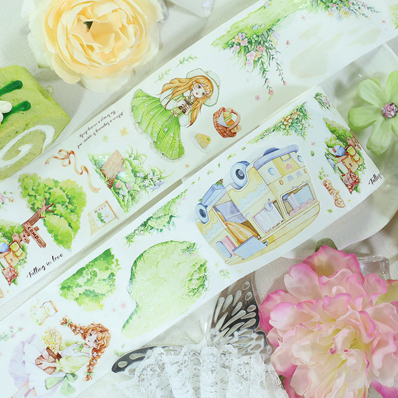 Green wind gathering wild Die Cutting Washi/Shell Light PET Tape featuring green, light, and wind designs for journaling, scrapbooking and collage