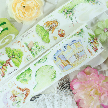 Green wind gathering wild Die Cutting Washi/Shell Light PET Tape featuring green, light, and wind designs for journaling, scrapbooking and collage