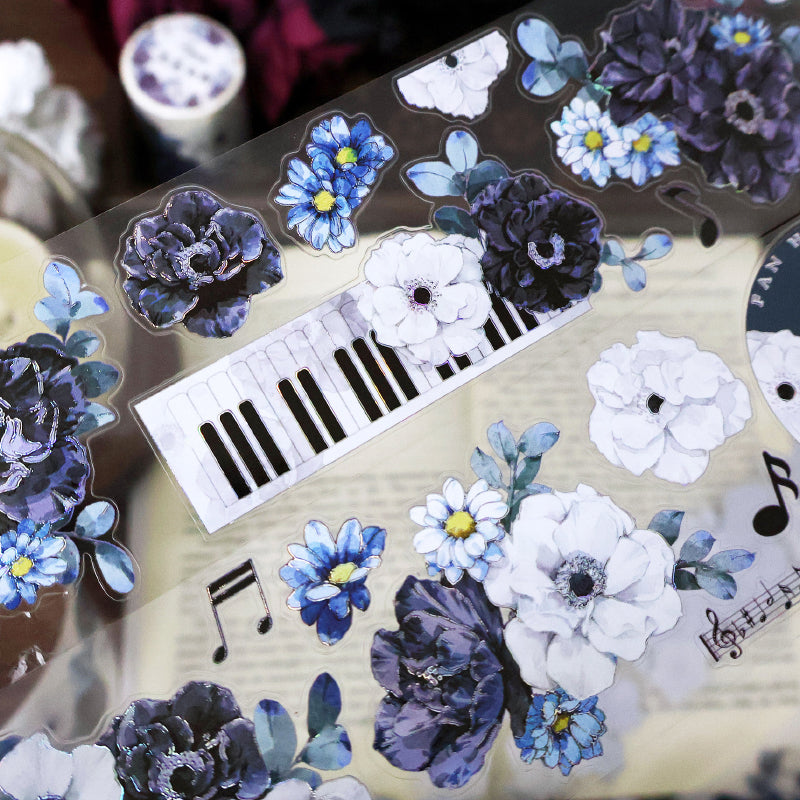 Whole Roll 5.5cm*5m White charm Black flowers Die Cutting Washi/PET/Shell Silver PET Tape featuring white, black, and silver designs for journaling, scrapbooking and collage