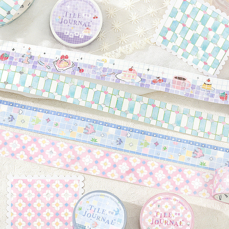 Flower Tile Diary Series Silver Stamping Washi Tape featuring silver, and flower designs for journaling, scrapbooking and collage