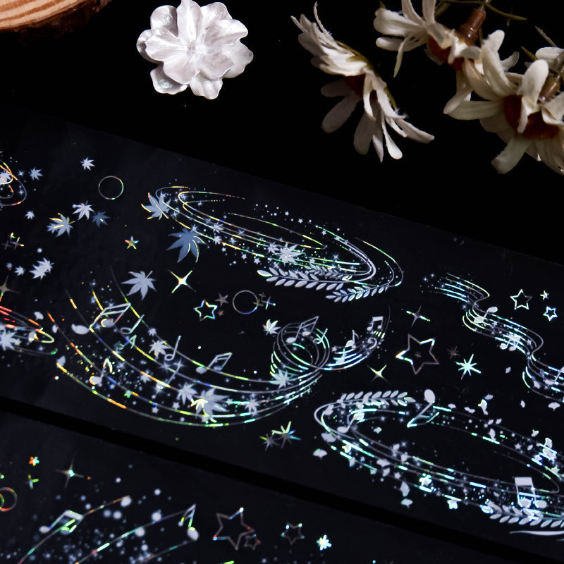 6.5cm*100cm Lingering sound Shell Silver PET Tape featuring silver designs for journaling, scrapbooking and collage