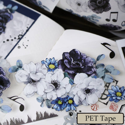 Whole Roll 5.5cm*5m White charm Black flowers Die Cutting Washi/PET/Shell Silver PET Tape