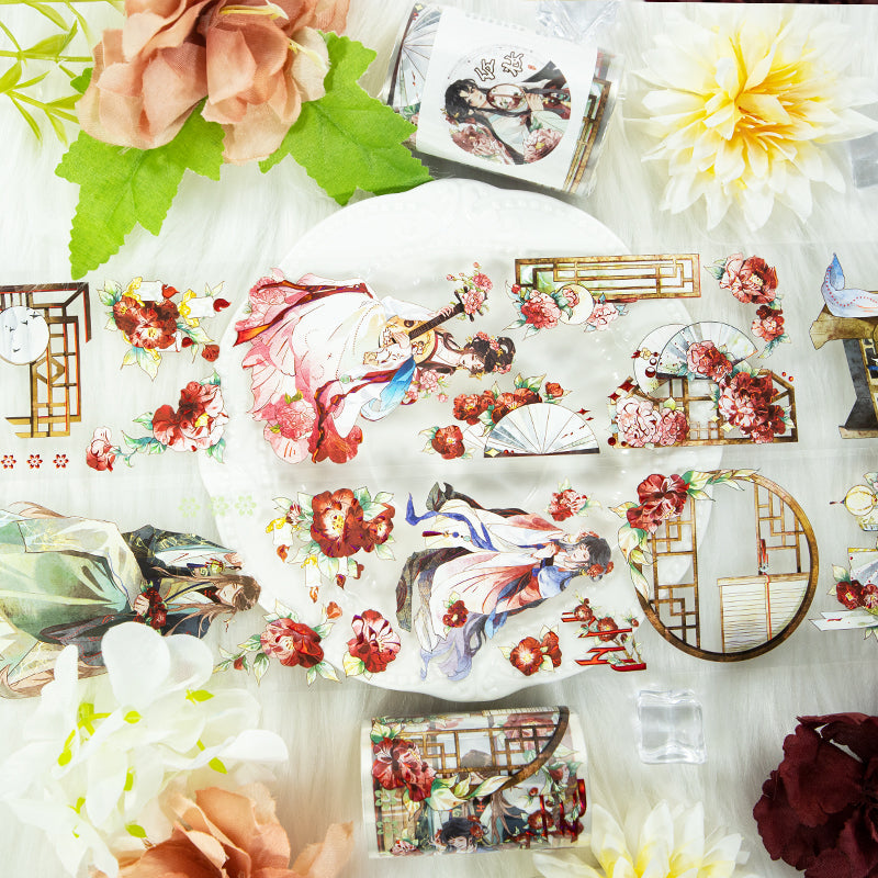 Red makeup Die Cutting Washi/Shell Gold PET Tape featuring old, gold, and red designs for journaling, scrapbooking and collage