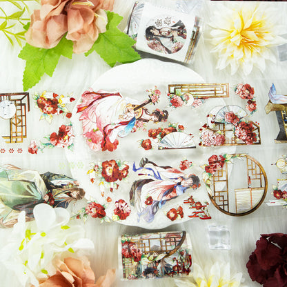 Red makeup Die Cutting Washi/Shell Gold PET Tape featuring old, gold, and red designs for journaling, scrapbooking and collage