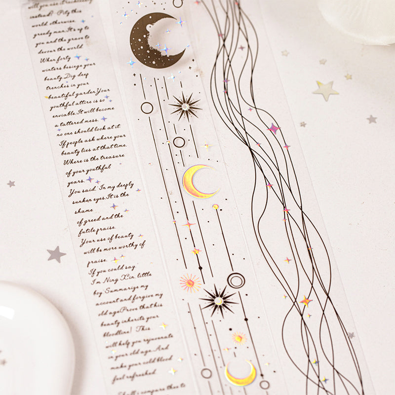 Starlit Poet Series Laser Silver PET Tape featuring silver, and star designs for journaling, scrapbooking and collage