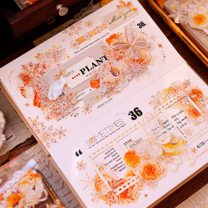 6.5cm*150cm Orange gold blossom Die Cutting Washi/PET/Shell Light PET Tape featuring old, gold, and orange designs for journaling, scrapbooking and collage