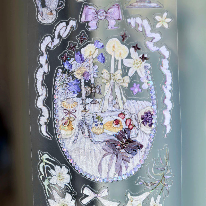 6.5cm*100cm Enchanting Tea Mist Die Cutting Shell Light PET Tape featuring tea, and light designs for journaling, scrapbooking and collage