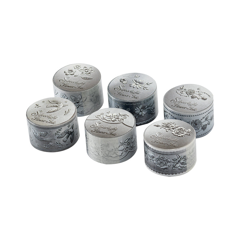 Silver Light Flower Island Series PET Tape featuring silver, flower, and island designs for journaling, scrapbooking and collage