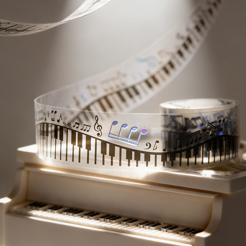 The Music Flow Series Laser Silver PET Tape featuring silver, and music designs for journaling, scrapbooking and collage