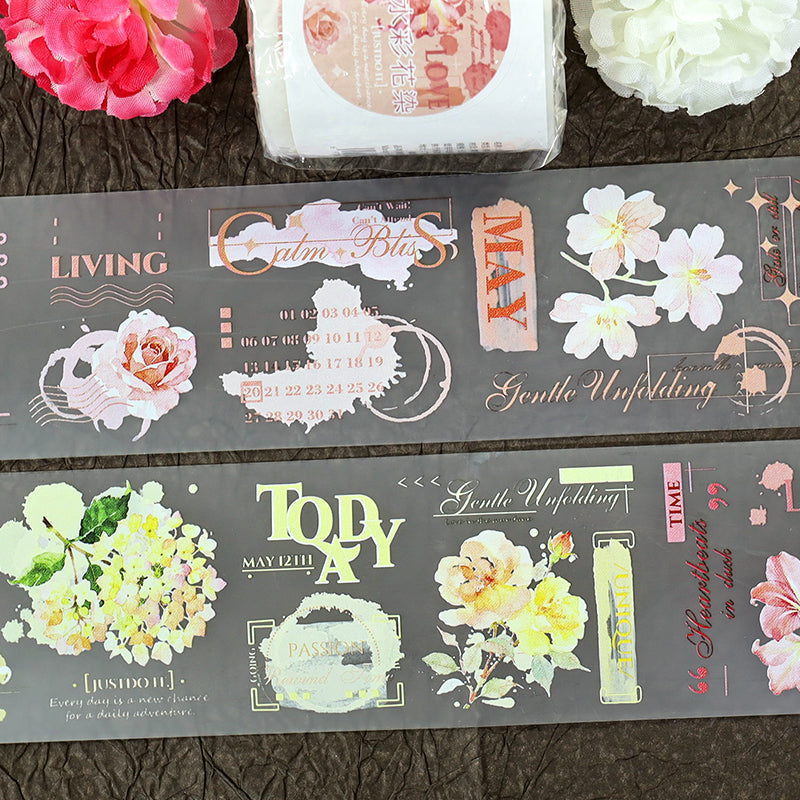 Water Floral Dyeing Fog PET Tape featuring floral designs for journaling, scrapbooking and collage