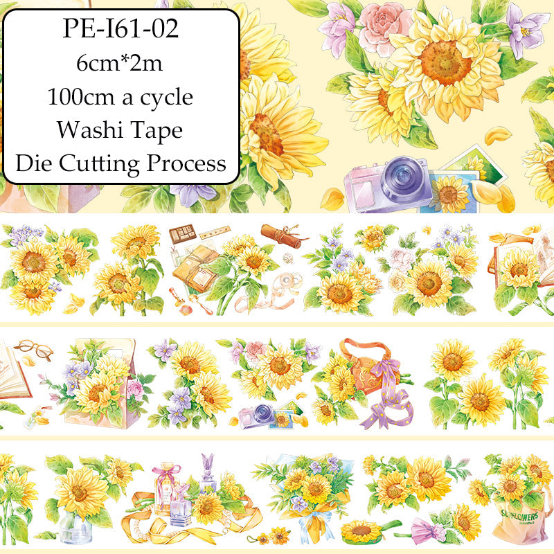 Time of Sunflowers Die Cutting Washi Tape featuring flower, and sun designs for journaling, scrapbooking and collage