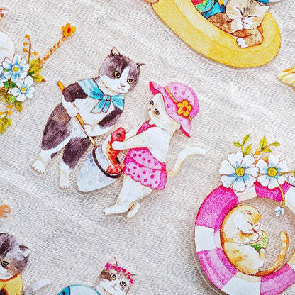 Whole Roll 4.5cm*5m Lazy Cat on Vacation Die Cutting Washi/PET Tape featuring cat designs for journaling, scrapbooking and collage