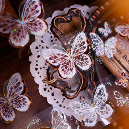 Whole Roll 4.5cm*6m Butterfly wings Die Cutting Flash PET/Shell Light/Gold/Silver Tape featuring butterfly, old, and gold designs for journaling, scrapbooking and collage