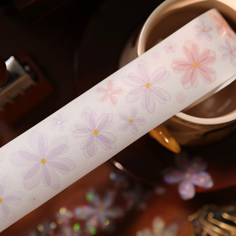 Whole Roll 4cm*6m Little Flower Grocery Store Die Cutting Washi/Flash PET/Shell Light PET Tape featuring flower, and light designs for journaling, scrapbooking and collage