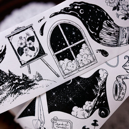 Whole Roll 6.5cm*5m Black and white paintings world Die Cutting Washi/PET/Shell Silver PET Tape featuring white, black, and silver designs for journaling, scrapbooking and collage
