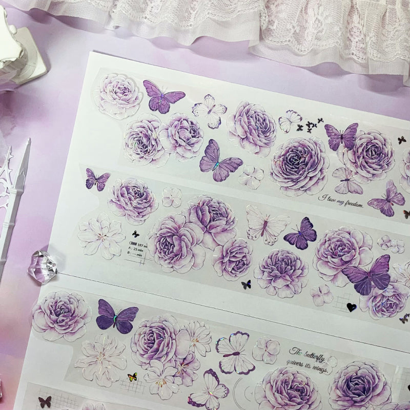 6cm*100cm Purple peony flower Shell Light PET Tape featuring flower, and light designs for journaling, scrapbooking and collage