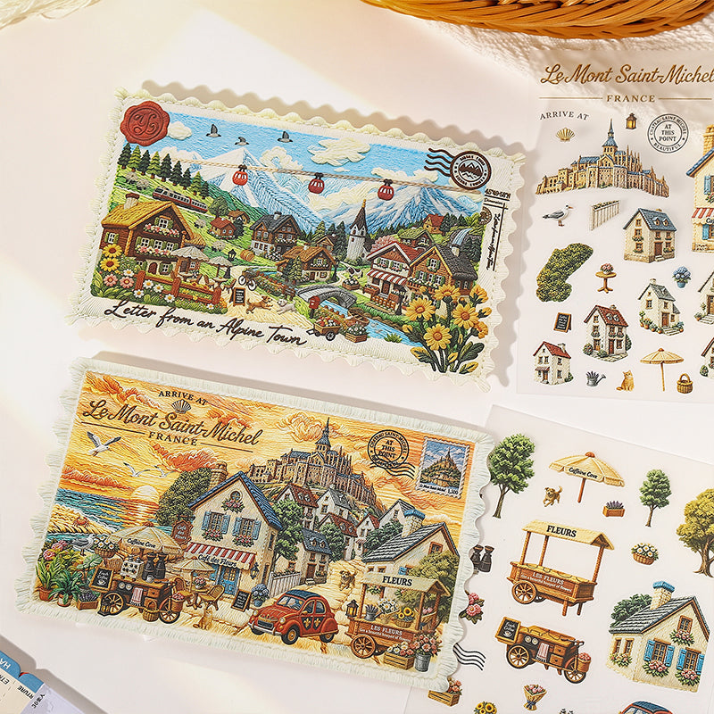 Embroidered Journey Series 3D Sticker featuring red designs for journaling, scrapbooking and collage