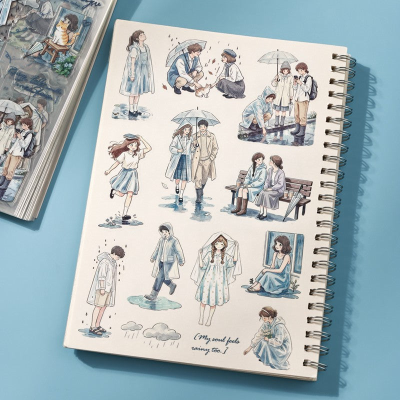 Listen To The Rain And Snow Series Sticker Book featuring book, rain, and snow designs for journaling, scrapbooking and collage