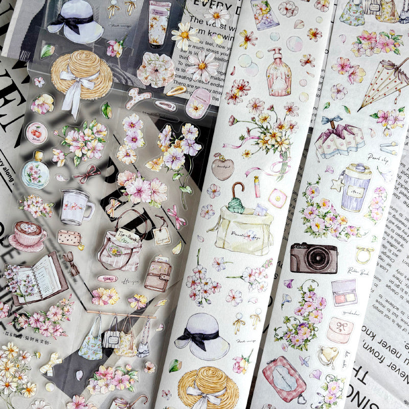 Whole Roll 5.5cm*5m Flowers Stories Die Cutting Washi/PET/Fog PET Tape featuring flower designs for journaling, scrapbooking and collage