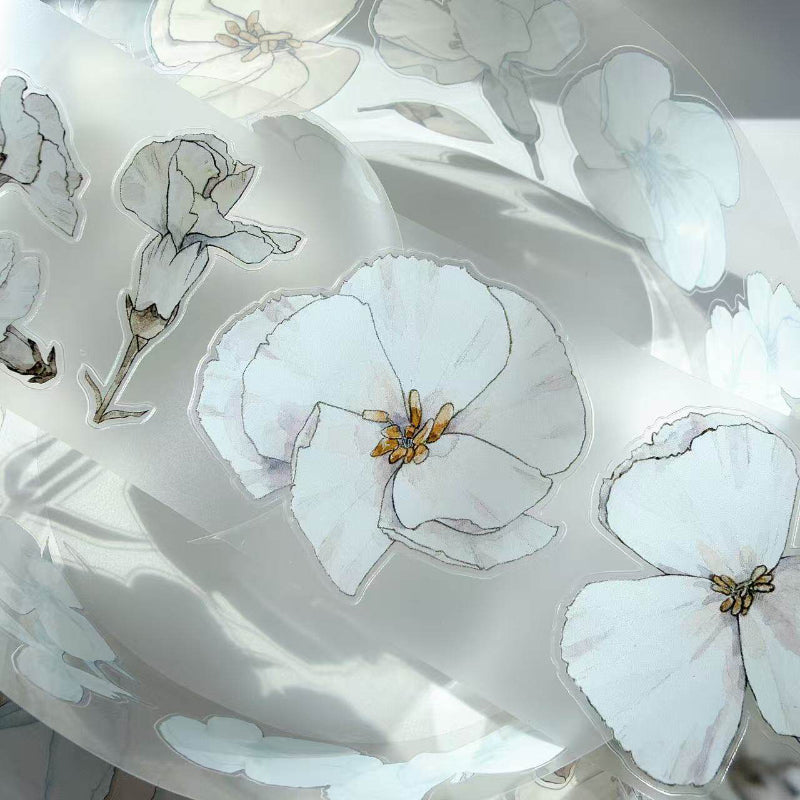 Whole Roll 6cm*10m White flower Die Cutting Washi/PET/Fog PET Tape featuring white, and flower designs for journaling, scrapbooking and collage
