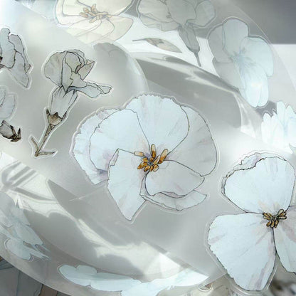 Whole Roll 6cm*10m White flower Die Cutting Washi/PET/Fog PET Tape featuring white, and flower designs for journaling, scrapbooking and collage