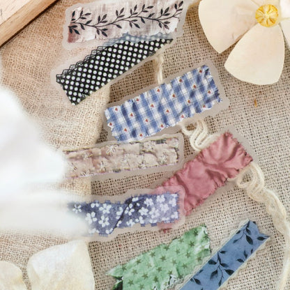 Fabric-textured stickers and Wrinkled Pages tape in collage styling