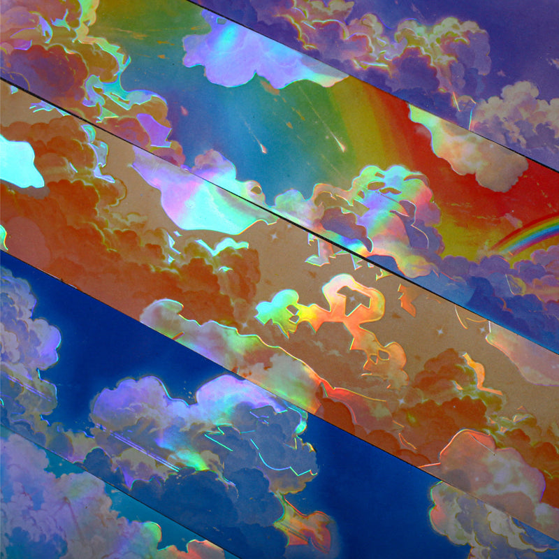 Cloud Travel Series Rainbow Light PET Tape featuring cloud, rain, and light designs for journaling, scrapbooking and collage