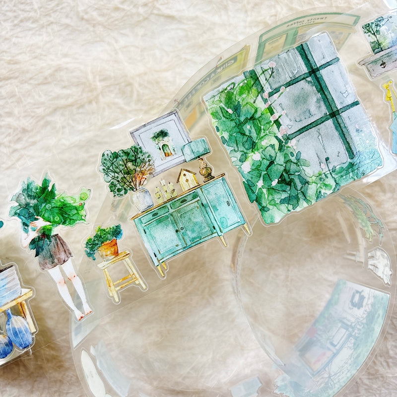 Whole Roll 6cm*5m Greenness Die Cutting Washi/PET/Fog PET Tape featuring green designs for journaling, scrapbooking and collage