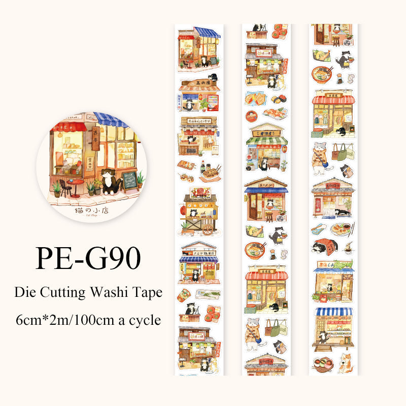 Cat Shop Series Die Cutting Washi Tape featuring cat, and shop designs for journaling, scrapbooking and collage