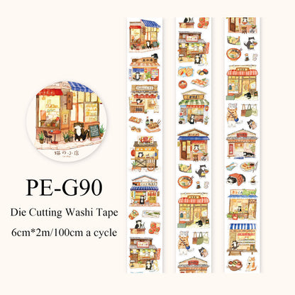 Cat Shop Series Die Cutting Washi Tape featuring cat, and shop designs for journaling, scrapbooking and collage